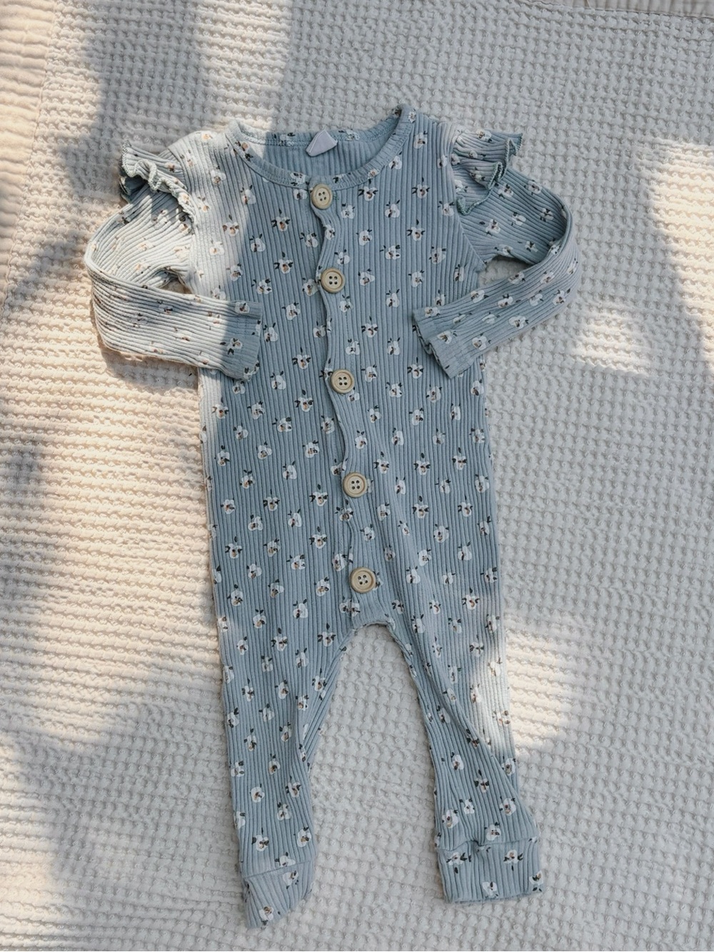 Light Blue Floral Ribbed Romper with Buttons
